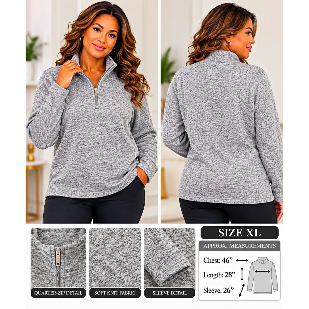 Women's XL Light Gray Heather Quarter Zip Pullover Sweater Mock Neck Fleece